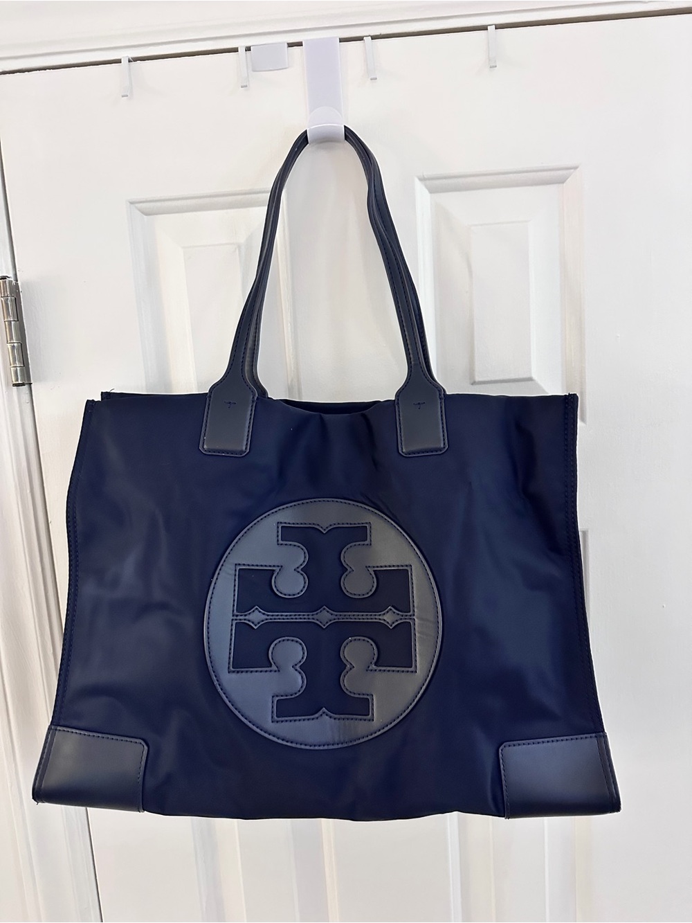 Tory Burch Navy Logo Tote with Leather Accents